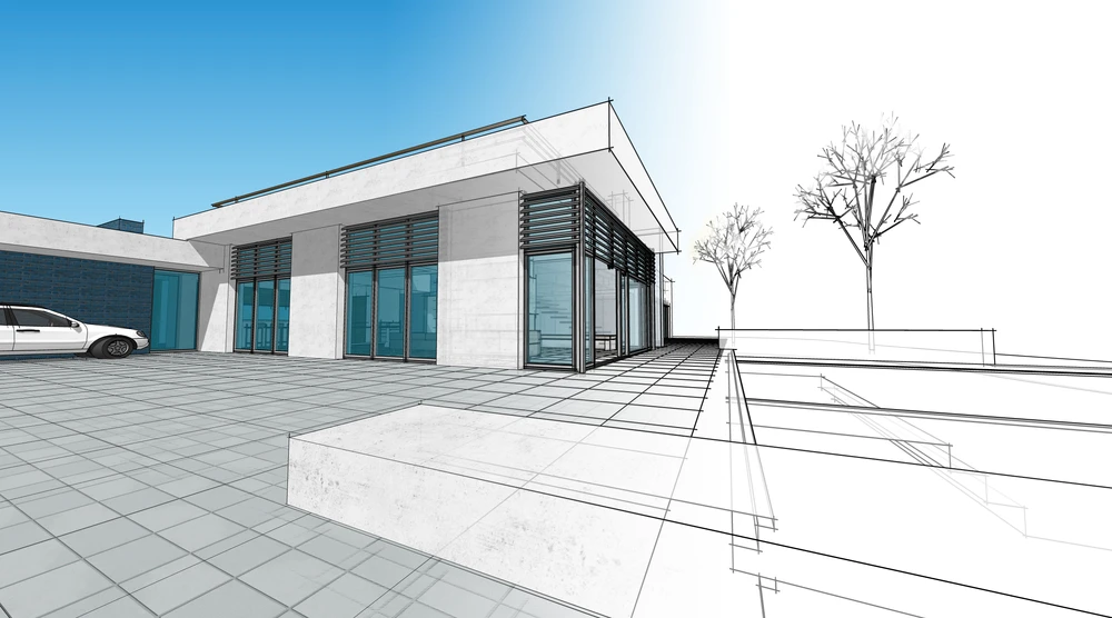 Extérieur architectural moderne avec bâtiment contemporain à façade blanche et baies vitrées