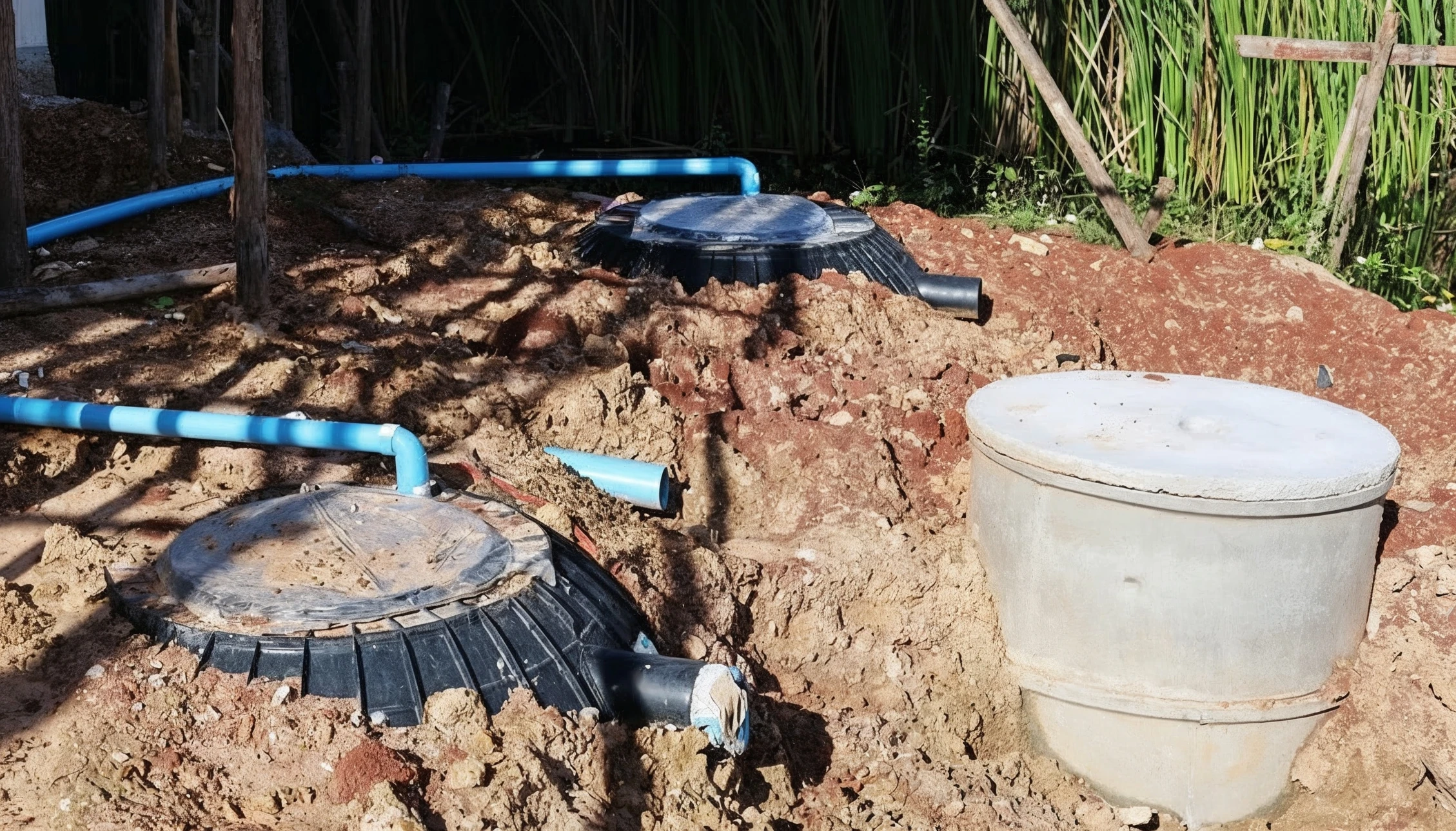Scène extérieure en plein jour avec main humaine puisant de l'eau claire dans un baril de récupération bleu